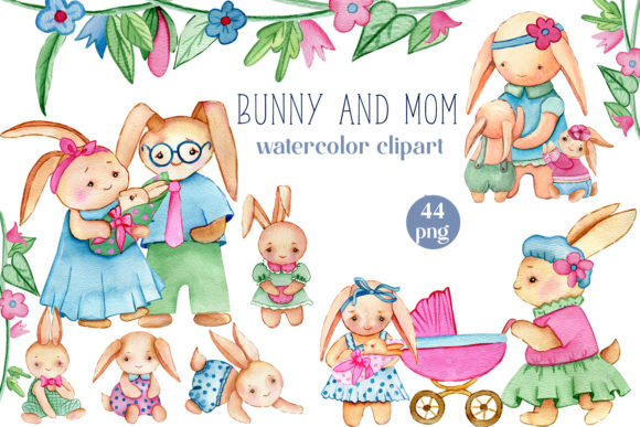 Download Bunny and Mom Watercolor Clipart Set - Watercolor clipart Collection