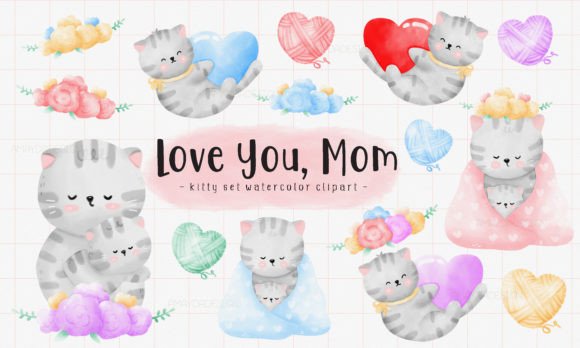 Download Love Mom Cat Watercolor Clipart - Watercolor clipart Collection