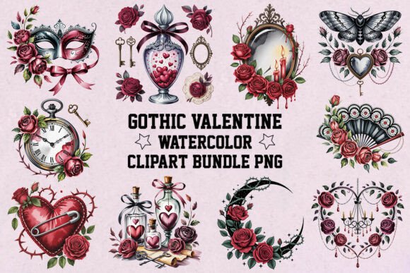 Download Gothic Valentine Watercolor Clipart Bund - Watercolor clipart Collection