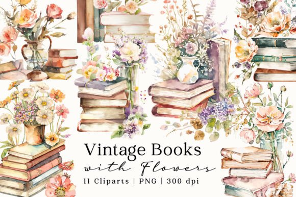 Download Vintage Books Flowers Watercolor Clipart - Watercolor clipart Collection