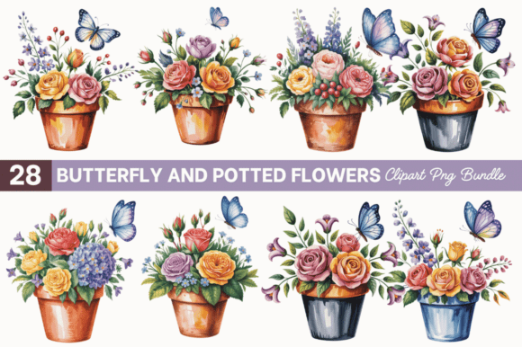 Download Butterfly and Potted Flowers Clipart PNG - Potted flowers clipart Collection
